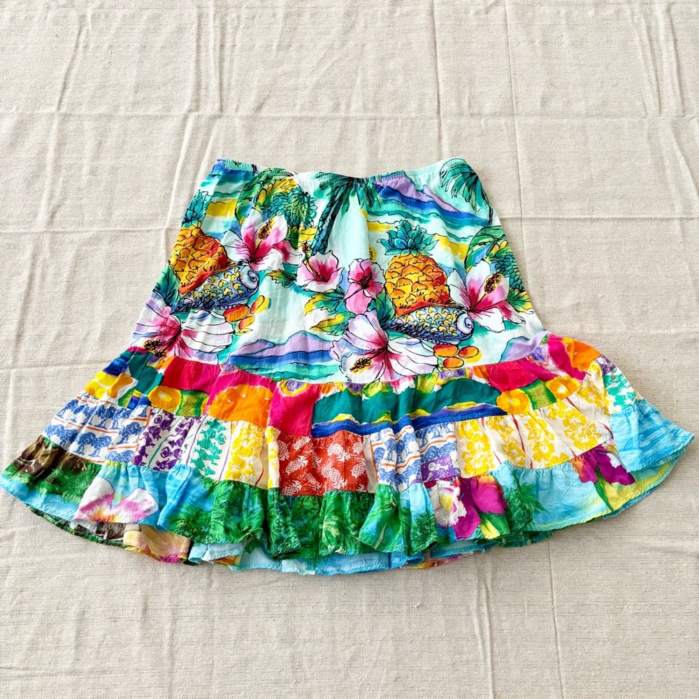 Jams World Vintage Floral Hawaiian Skirt Vibrant Shellbiscus Pattern Tiered